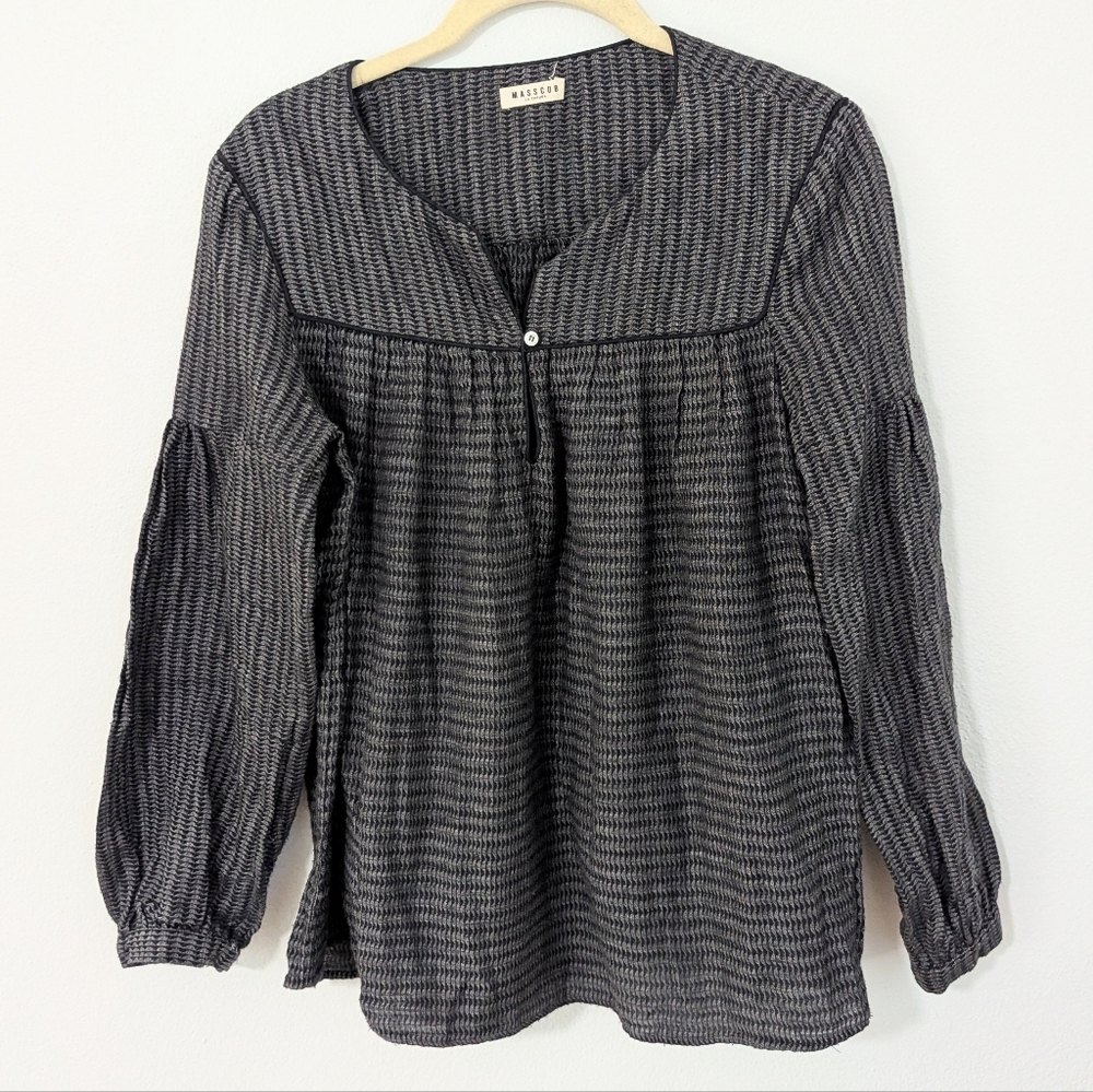 Masscob Geometric Print Popover Top Split Neck Long Sleeve Gray Black Small S